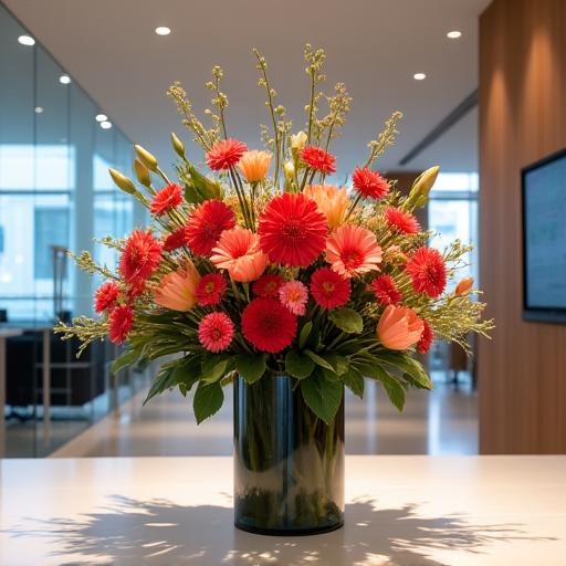 Modern floral arrangement in a corporate reception area